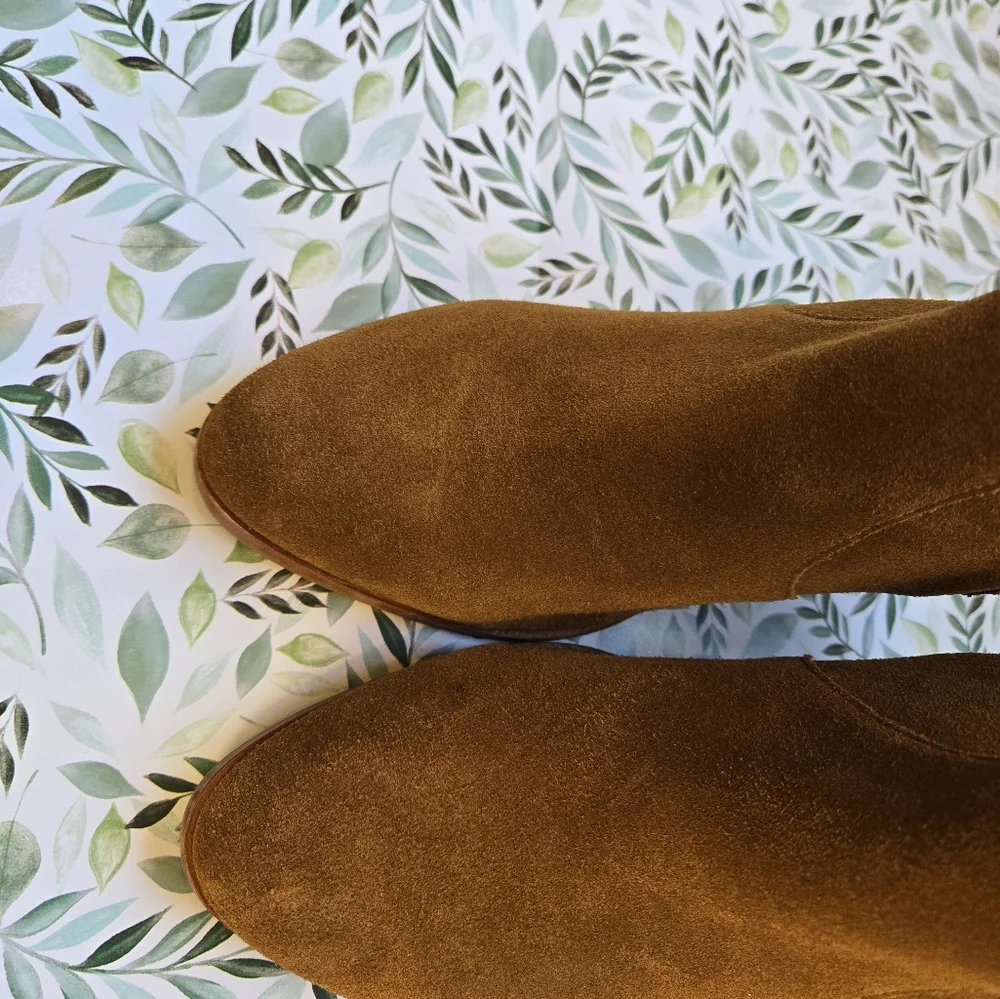 Soludos Emma Chesnut Suede Ankle Booties Tan Leather Block Heel Boots 9 - Picture 2 of 12